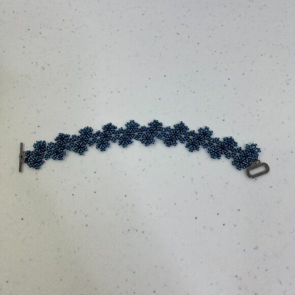 Beaded Bracelet Blue Flower Snowflake‎ Artisan Weave Silver Tone Boho
